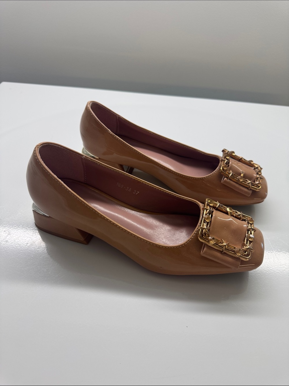 Women's Tan Patent Block Heel Pump with Decorative Buckle